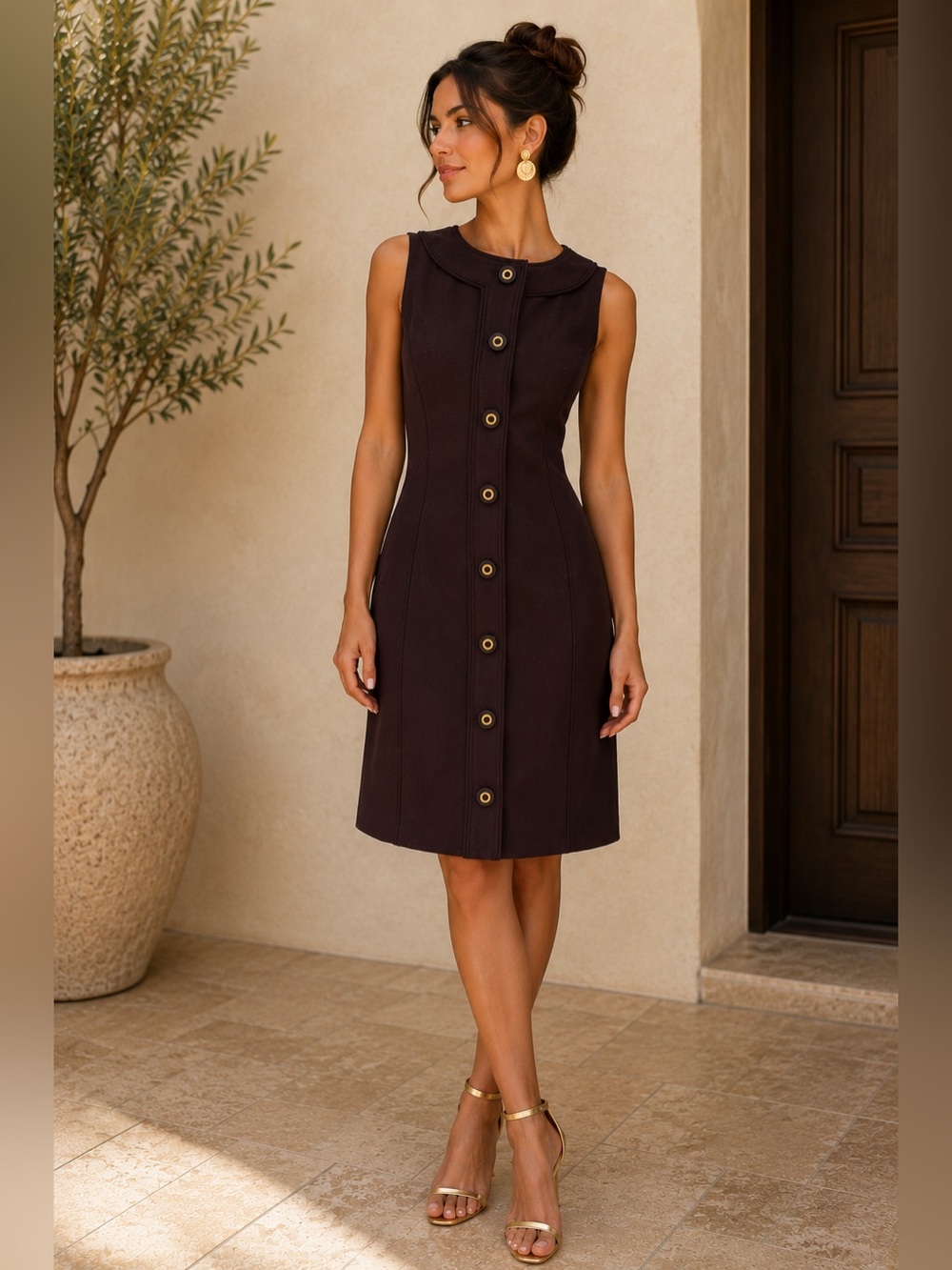 Tory Burch Brown Sleeveless Shift Dress Logo Button Front